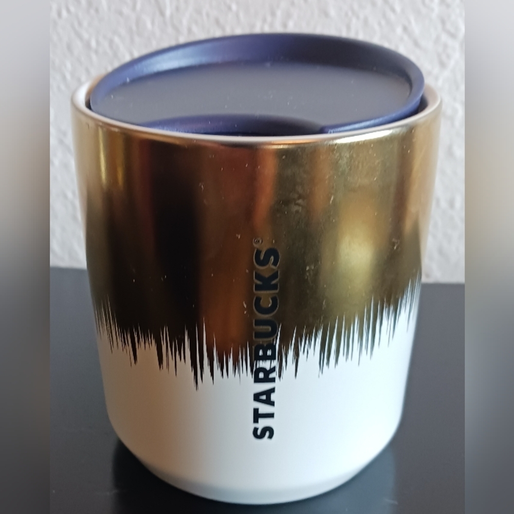 New Starbucks Coffee 2020 Holiday Gold White Ceramic Tumbler Mug Cup 8 oz & Lid